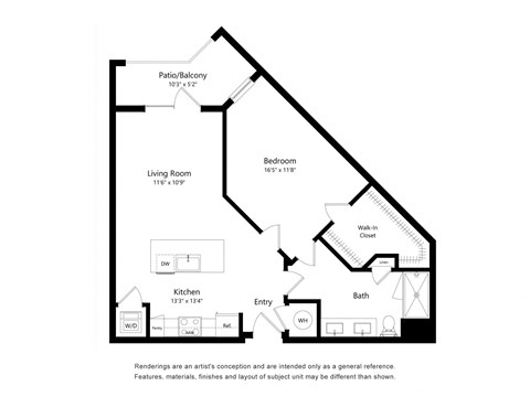Floor plan for 1 bed, 1 bath, 785 sqft